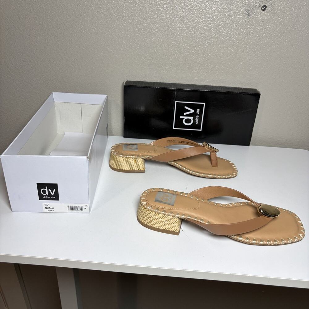 DV Dolce Vita Nuala Toffee Whipstitch Block Heel Thong Sandals Size 9